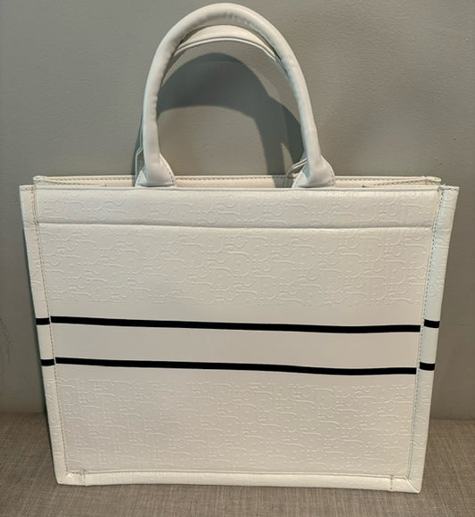 Embossed White Leather Book Tote with Black Accents